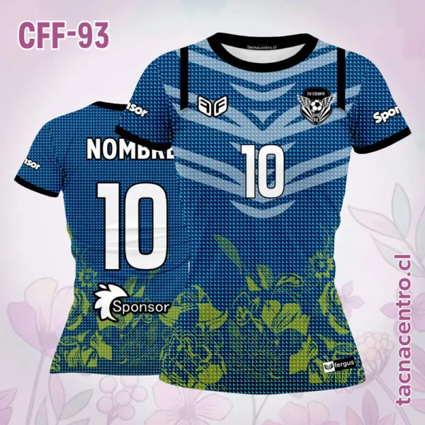 Camiseta de futbol femenino azul con flores verdes 1 Camiseta de futbol femenino azul con flores verdes