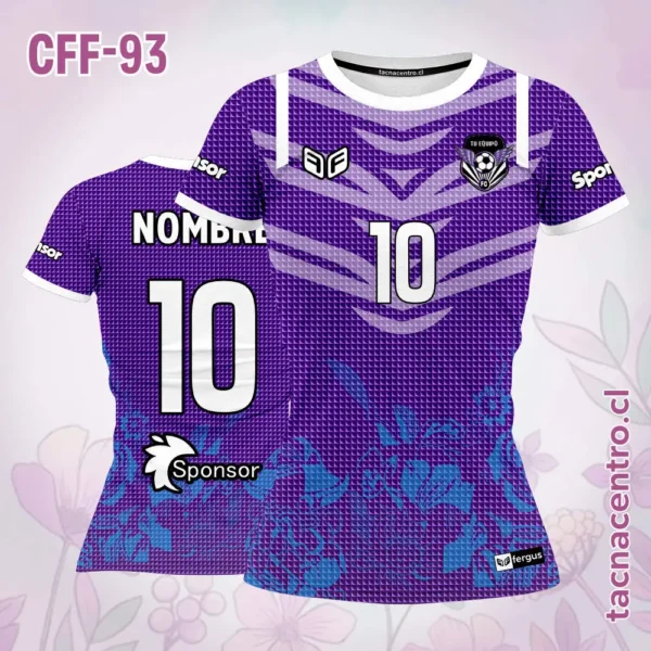 Camiseta de futbol femenino azul con flores verdes 2 Camiseta de futbol femenino morado con flores celestes