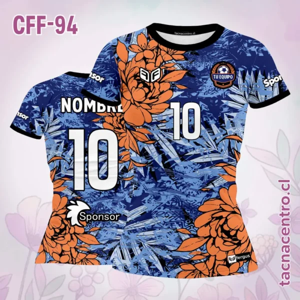 Camiseta de futbol femenino floreado naranja y azul 1 Camiseta de futbol femenino floreado naranja y azul