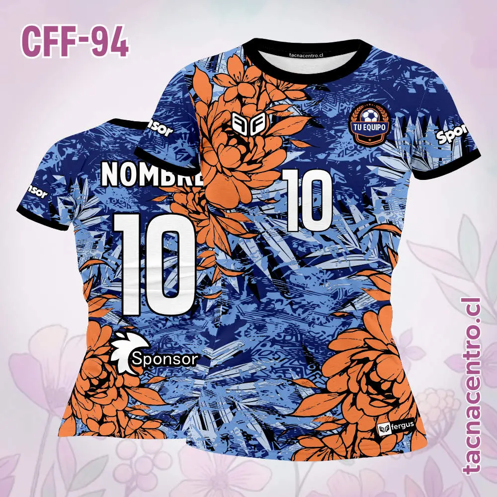 Camiseta de futbol femenino floreado naranja y azul