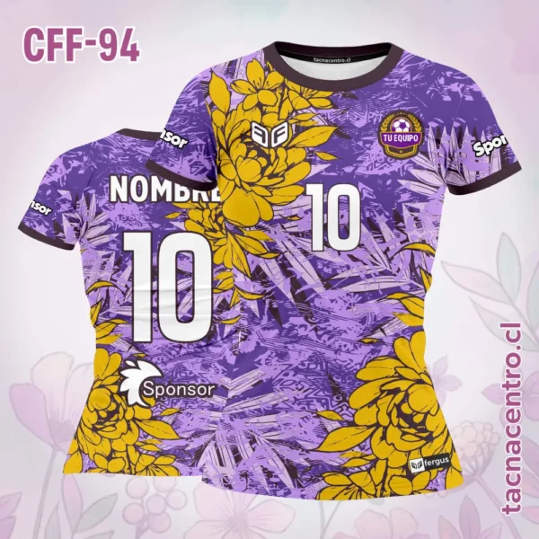 Camiseta de futbol femenino floreado naranja y azul 2 Camiseta de futbol femenino floreado morado amarillo