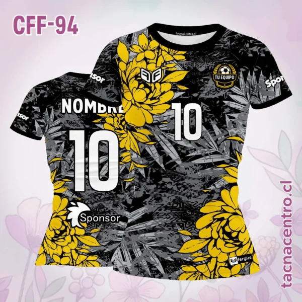 Camiseta de futbol femenino floreado naranja y azul 3 Camiseta de futbol femenino floreado negro amarillo