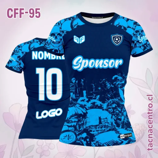 Camiseta de futbol femenino calaveras celeste y azul