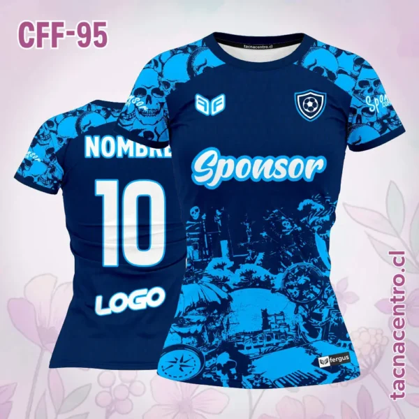 Camiseta de futbol femenino calaveras celeste y azul 1 Camiseta de futbol femenino calaveras celeste y azul