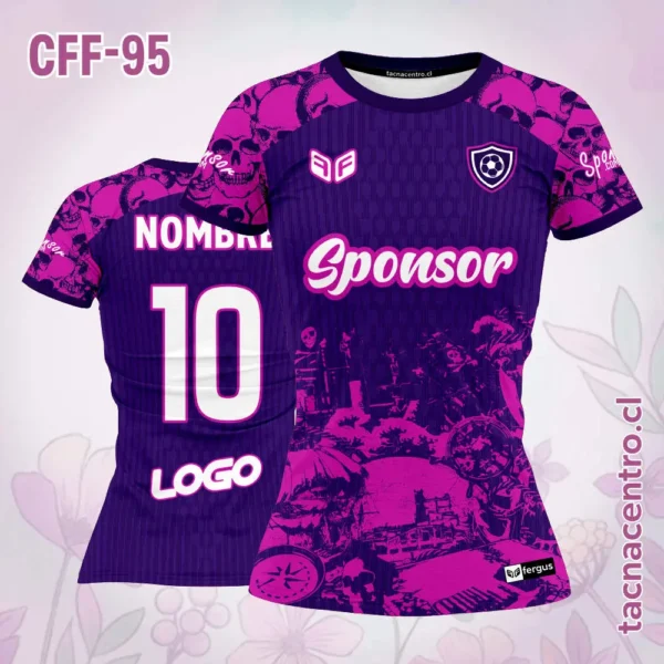 Camiseta de futbol femenino calaveras celeste y azul 2 Camiseta de futbol femenino calaveras morado rosado