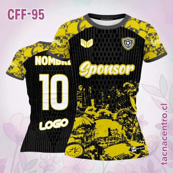 Camiseta de futbol femenino calaveras celeste y azul 3 Camiseta de futbol femenino calaveras negro amarillo