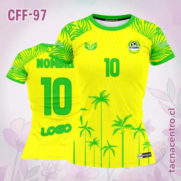 Camiseta de futbol femenino palmeras verdes amarillas 1 Camiseta de futbol femenino palmeras verdes amarillas