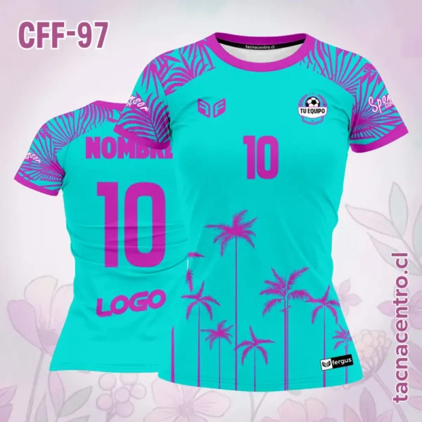 Camiseta de futbol femenino palmeras verdes amarillas 2 Camiseta de futbol femenino palmeras turquesa fucsia