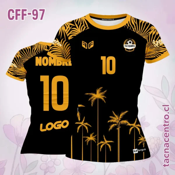 Camiseta de futbol femenino palmeras verdes amarillas 3 Camiseta de futbol femenino palmeras negro naranja