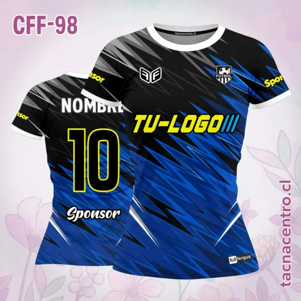 Camiseta de futbol femenino negro con rayas zigzag naranjas 2 Camiseta de futbol femenino negro con rayas zigzag azules