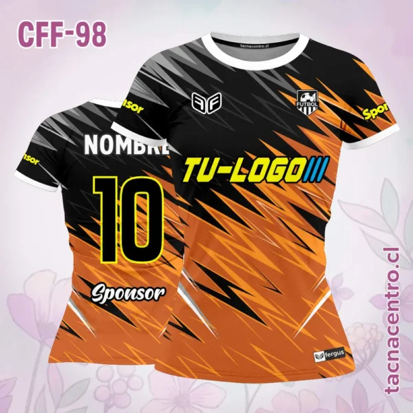 Camiseta de futbol femenino negro con rayas zigzag naranjas 1 Camiseta de futbol femenino negro con rayas zigzag naranjas