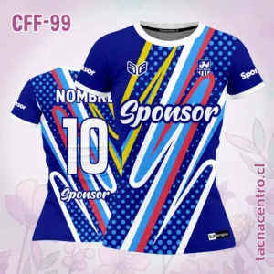 Camiseta de futbol femenino azul con rayas coloridas