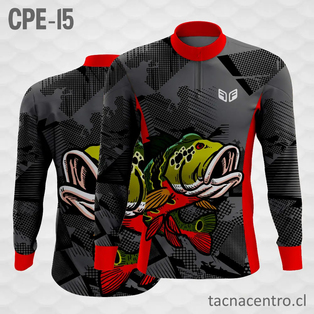 Camiseta de Pesca Negro Mangas Rojas