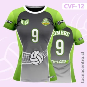 Modelos de Camisetas de Voleibol 62 Camiseta de Voleibol verde Centro gris Pelota y net