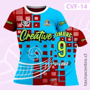 Camiseta de Voleibol Rojo Celeste Patron rectángulos Pelota y net