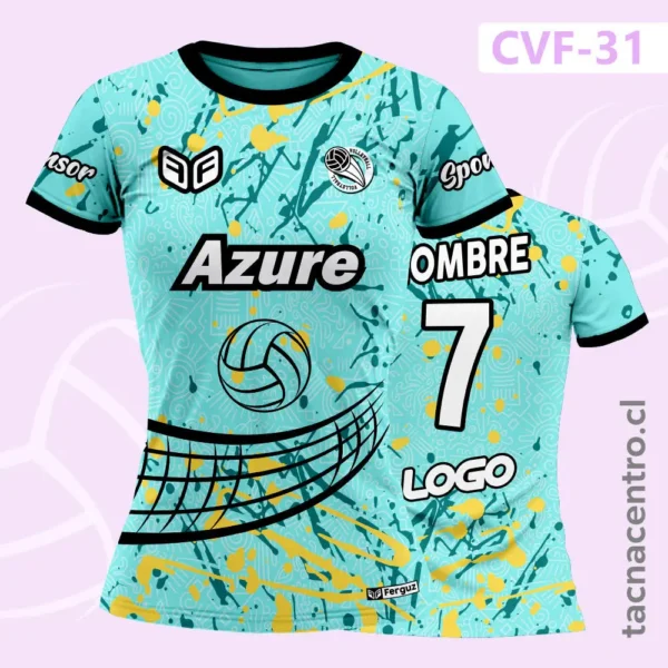 Camiseta de Voley Patrón Tribal y Manchas de Pintura Celeste amarillo 1 Camiseta de Voley Patrón Tribal y Manchas de Pintura Celeste amarillo
