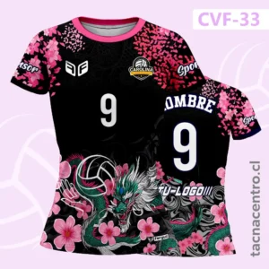Modelos de Camisetas de Voleibol 93 Camiseta de Voley Flor de sakura y Dragón Negro con Fucsia