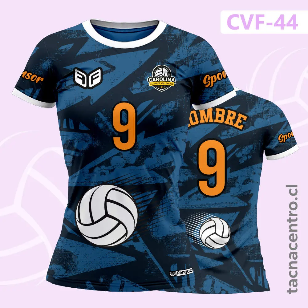 Camiseta de Voleibol Azul con lineas geometricas fragmentadas y diseño de pelota