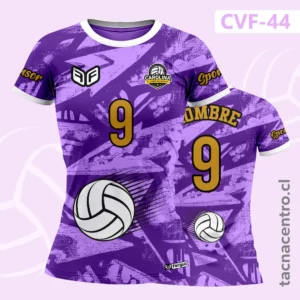 Camiseta de Voleibol Morada con lineas geometricas fragmentadas y diseño de pelota