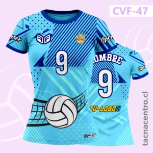 Camiseta de Voleibol Celeste con diseños geometricos azules en los hombros