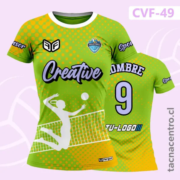 Camiseta de Voleibol Roja con detalles geometricos azules 2 Camiseta de Voleibol verde con detalles geometricos anaranjados