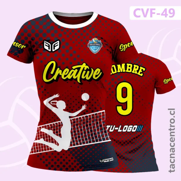 Camiseta de Voleibol Roja con detalles geometricos azules 1 Camiseta de Voleibol Roja con detalles geometricos azules