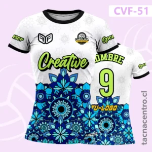 Camiseta de Voleibol Blanca con diseño de flores tribales azules