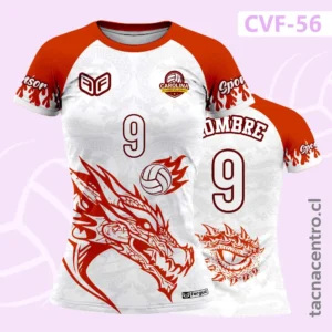 Camiseta de Voleibol blanco y rojo con diseño de dragon