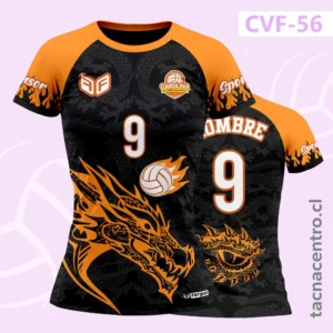 Camiseta de Voleibol negro y anaranjado con diseño de dragon