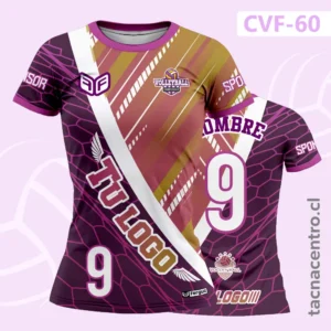 Uniformes de Voleibol Morado con diseños hexagonales y franjas doradas en laterales