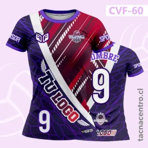 Uniformes de Voleibol Morado con diseños hexagonales y franjas rojas en laterales