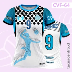 Uniformes de Voleibol Blanco y celeste con patrones geometricos negros
