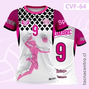 Uniformes de Voleibol Blanco y Rosado con patrones geometricos negros