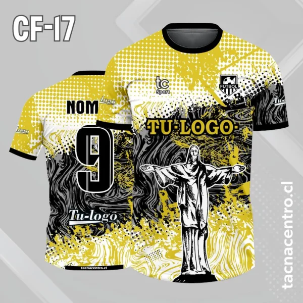 Camiseta de futbol cristo blanco con patron de puntos celestes y franja negra en el pecho 4 Camiseta de futbol cristo blanco con patron de puntos amarillos y franja negra en el pecho