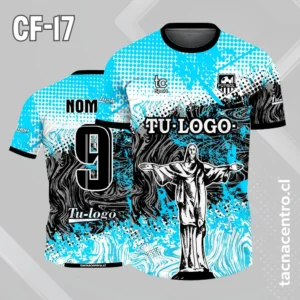Camisetas de Futbol Celestes Personalizadas 10 Camiseta de futbol cristo blanco con patron de puntos celestes y franja negra en el pecho