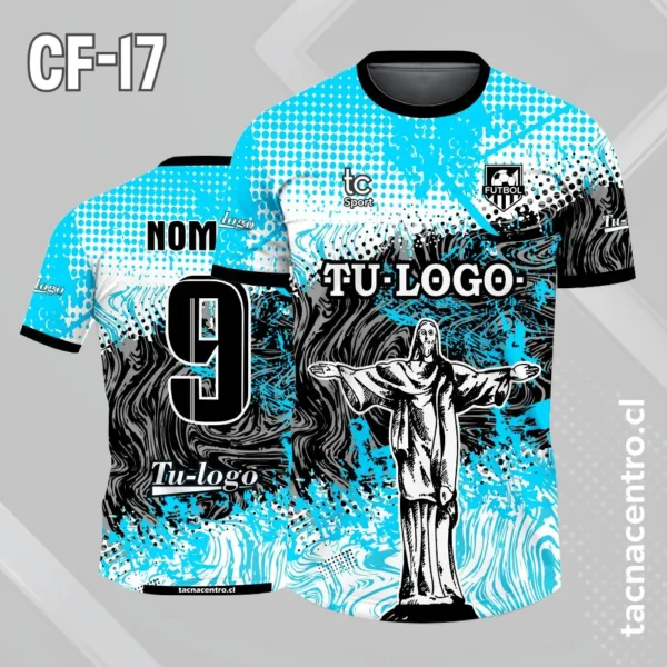 Camiseta de futbol cristo blanco con patron de puntos celestes y franja negra en el pecho 1 Camiseta de futbol cristo blanco con patron de puntos celestes y franja negra en el pecho