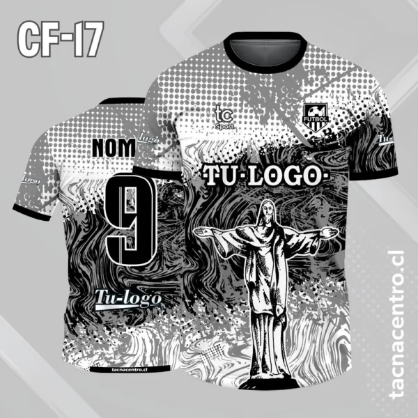 Camiseta de futbol cristo blanco con patron de puntos celestes y franja negra en el pecho 3 Camiseta de futbol cristo gris