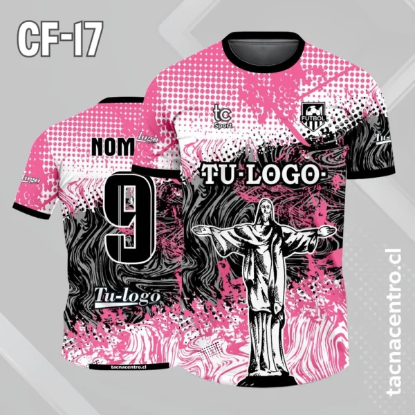 Camiseta de futbol cristo blanco con patron de puntos celestes y franja negra en el pecho 2 Camiseta de futbol cristo blanco con patron de puntos rosados y franja negra en el pecho
