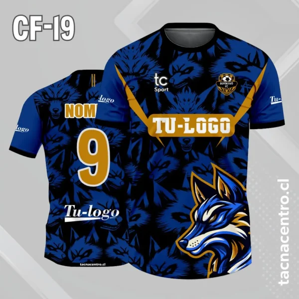 Camiseta de futbol cabeza de lobo con patrones de lobos azul y negro 1 Camiseta de futbol cabeza de lobo con patrones de lobos azul y negro