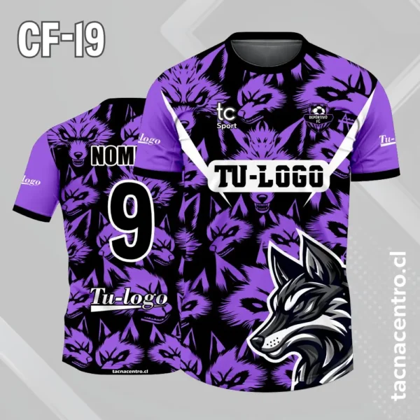 Camiseta de futbol cabeza de lobo con patrones de lobos azul y negro 2 Camiseta de futbol cabeza de lobo con patrones de lobos morado y negro