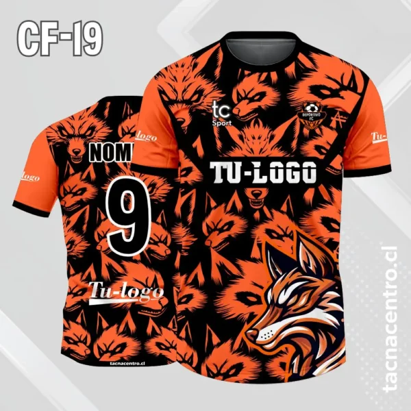 Camiseta de futbol cabeza de lobo con patrones de lobos azul y negro 3 Camiseta de futbol cabeza de lobo con patrones de lobos naranja y negro