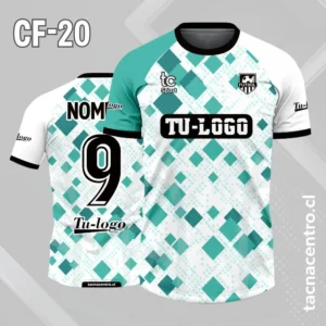 Camiseta de futbol blanco con patron de rombos color turquesa