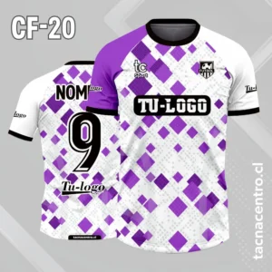 Camiseta de futbol blanco con patron de rombos color morado