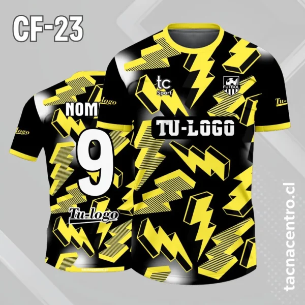 Camiseta de futbol negro con patrones de rayos amarillo 1 Camiseta de futbol negro con patrones de rayos amarillo