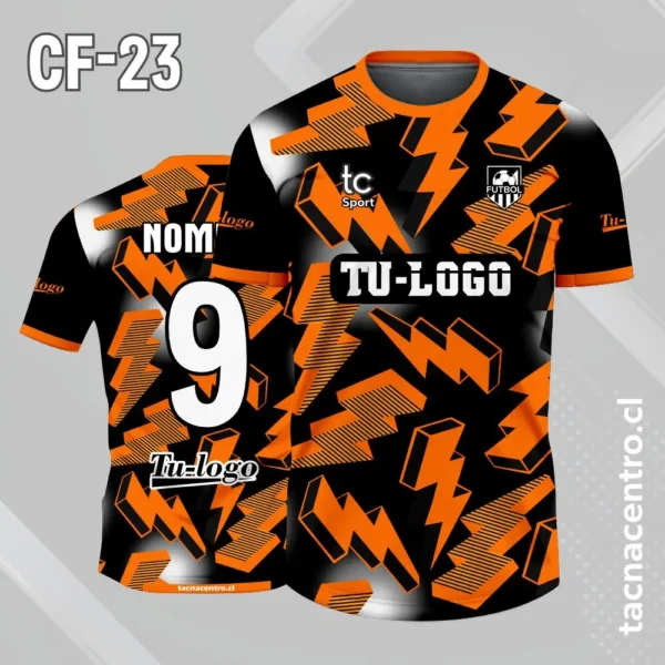 Camiseta de futbol negro con patrones de rayos amarillo 3 Camiseta de futbol negro con patrones de rayos naranjas