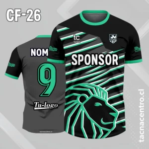 Camiseta de futbol negro con lineas verde y cabeza de leon