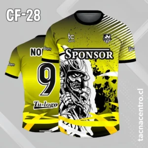 Camiseta de futbol amarilla con lineas blancas y samuray