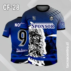 Camiseta de futbol azul con lineas blancas y samuray