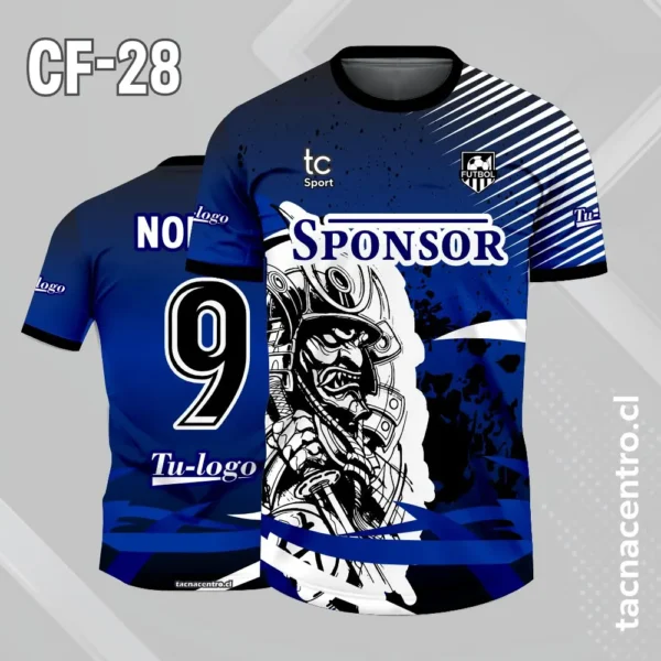 Camiseta de futbol rojo con lineas blancas y samuray 4 Camiseta de futbol azul con lineas blancas y samuray