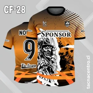 Camiseta de futbol naranja con lineas blancas y samuray